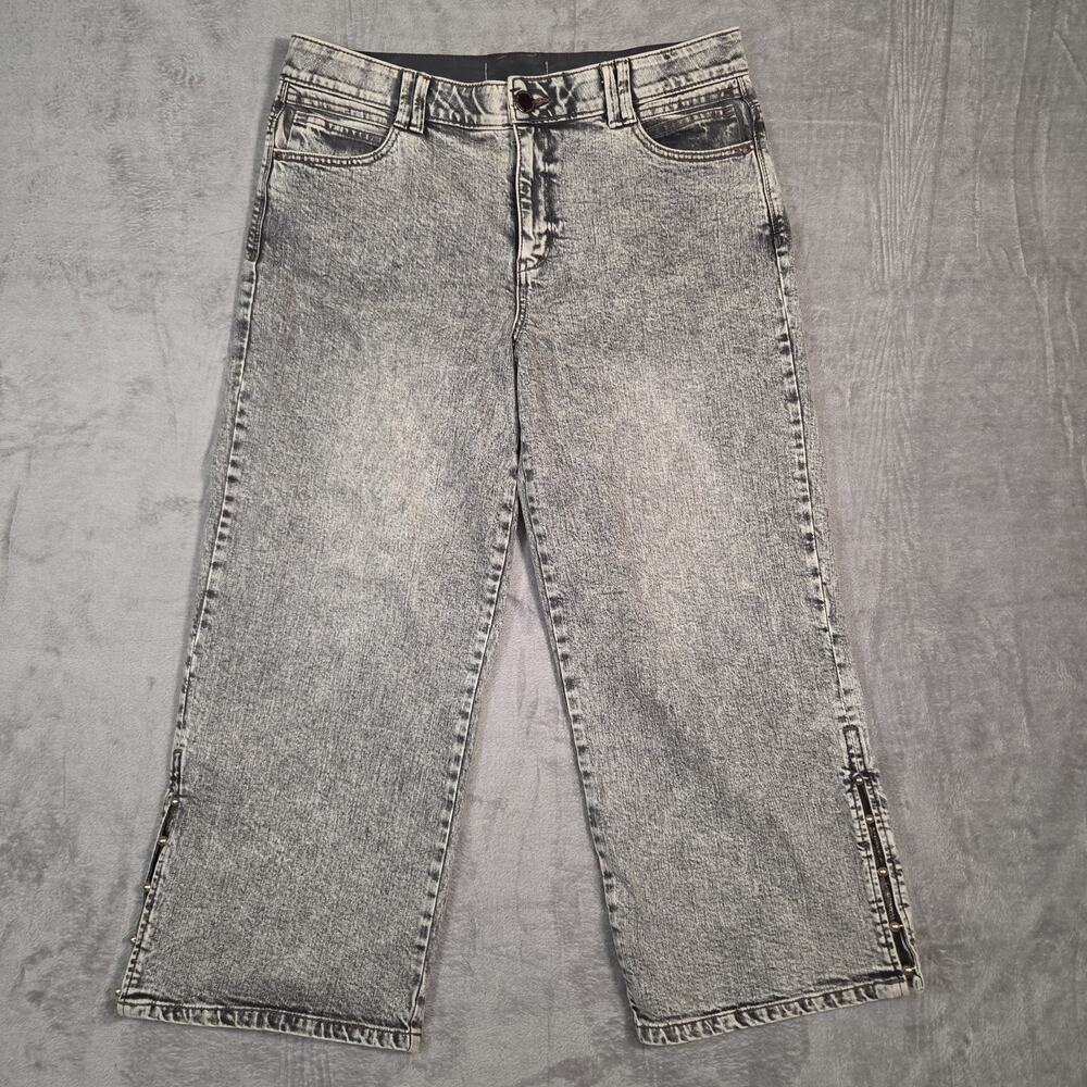 Democracy Women’s Size 12 Acid Wash Jeans Faux Pearl Side Detail Wide Leg